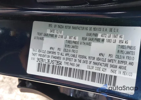 2018 Mazda Mazda3 Touring z USA, uszkodzony, nr VIN 3MZBN1L35JM273694